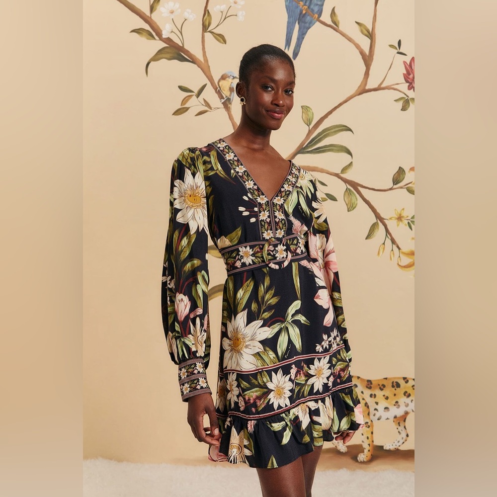 Farm Rio Black Surreal Flowers Long Sleeve Mini Dress